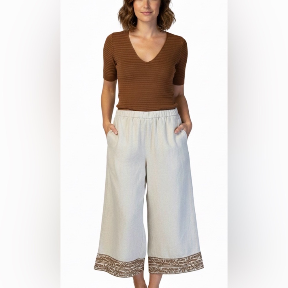 J. Jill Wide Leg Embroidered Cropped Pull On Linen Blend Light Tan Capri Pants L